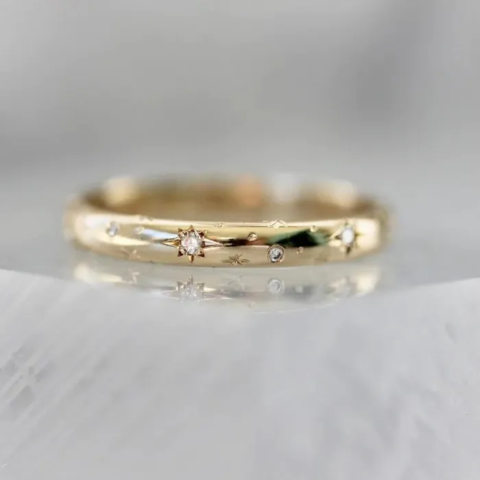 Made By Gem Breakfast Rings Celeste Major Star Engraved Diamond Gold Band