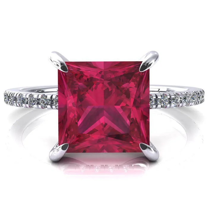 Mayeli Princess Ruby 4 Claw Prong Micro Pave Diamond Sides Engagement Ring Fire Brilliance Rings Mayeli Princess Ruby 4 Claw Prong Micro Pave Diamond Sides Engagement Ring Fire Brilliance Rings