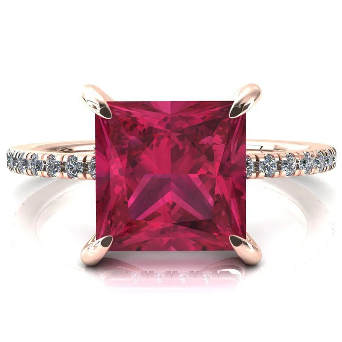 Mayeli Princess Ruby 4 Claw Prong Micro Pave Diamond Sides Engagement Ring Fire Brilliance Rings