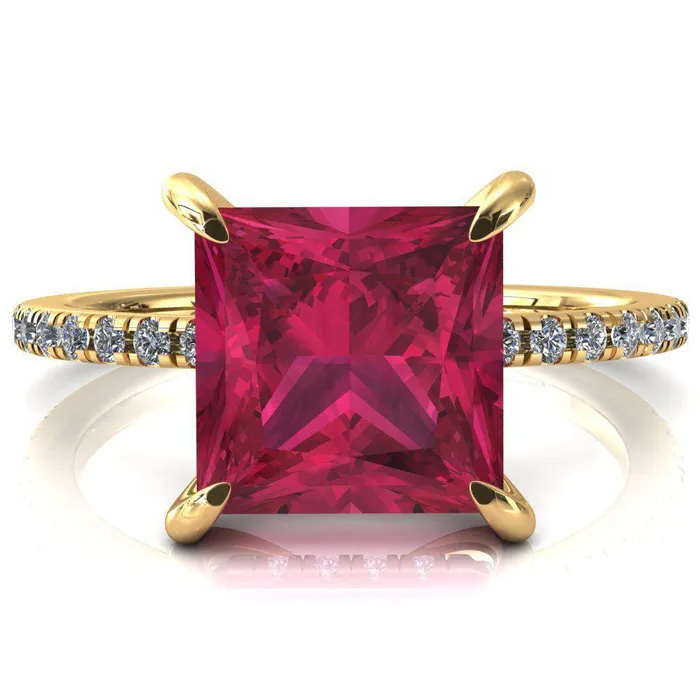 Mayeli Princess Ruby 4 Claw Prong Micro Pave Diamond Sides Engagement Ring Fire Brilliance Rings