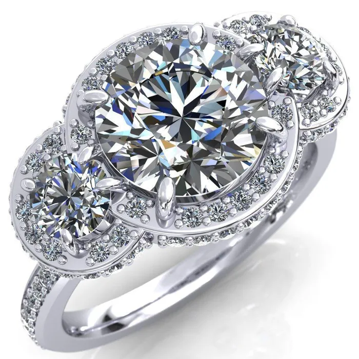 Melissa Round Center Stone 3 Stone Triple Halo Diamond Accent Ring Fire Brilliance Rings Melissa Round Center Stone 3 Stone Triple Halo Diamond Accent Ring Fire Brilliance Rings