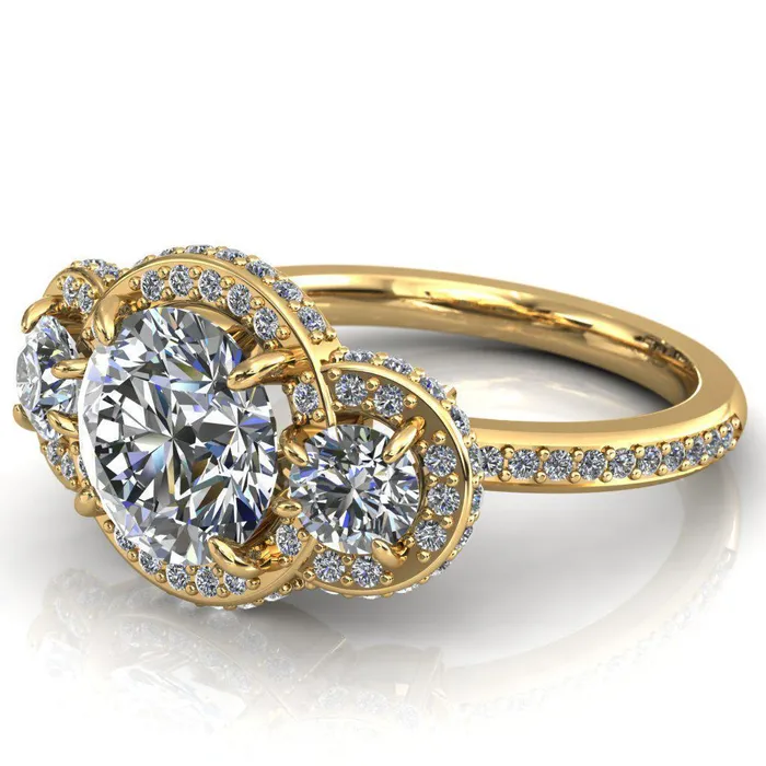 Melissa Round Center Stone 3 Stone Triple Halo Diamond Accent Ring Fire Brilliance Rings