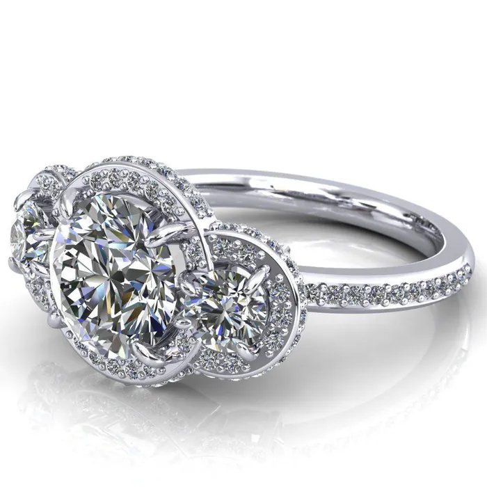 Melissa Round Center Stone 3 Stone Triple Halo Diamond Accent Ring Fire Brilliance Rings