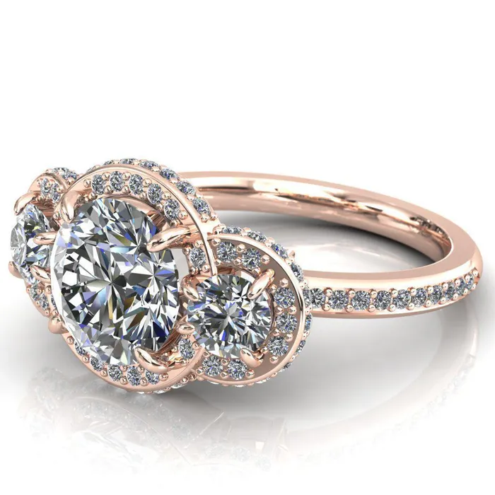 Melissa Round Center Stone 3 Stone Triple Halo Diamond Accent Ring Fire Brilliance Rings