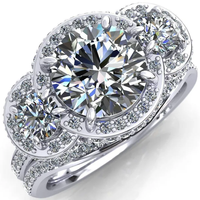 Melissa Round Center Stone 3 Stone Triple Halo Diamond Accent Ring Fire Brilliance Rings