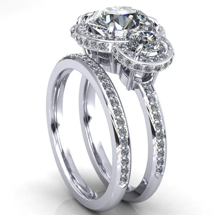 Melissa Round Center Stone 3 Stone Triple Halo Diamond Accent Ring Fire Brilliance Rings