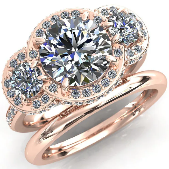 Melissa Round Center Stone 3 Stone Triple Halo Diamond Accent Ring Fire Brilliance Rings