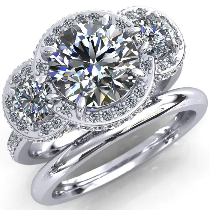 Melissa Round Center Stone 3 Stone Triple Halo Diamond Accent Ring Fire Brilliance Rings