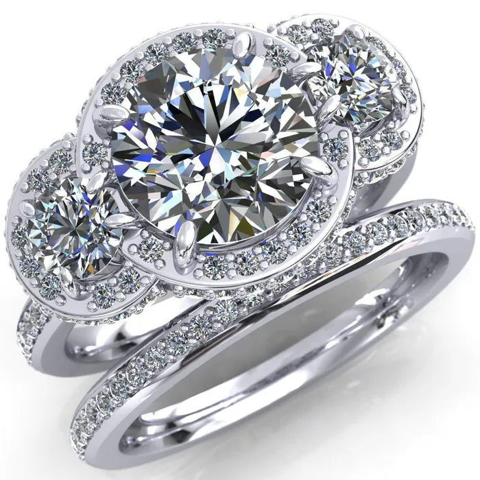 Melissa Round Center Stone 3 Stone Triple Halo Diamond Accent Ring Fire Brilliance Rings