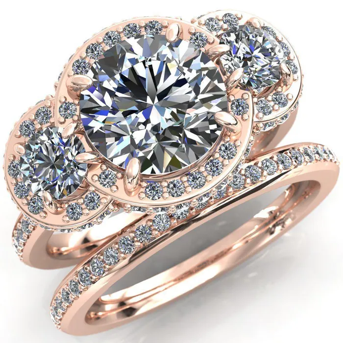 Melissa Round Center Stone 3 Stone Triple Halo Diamond Accent Ring Fire Brilliance Rings