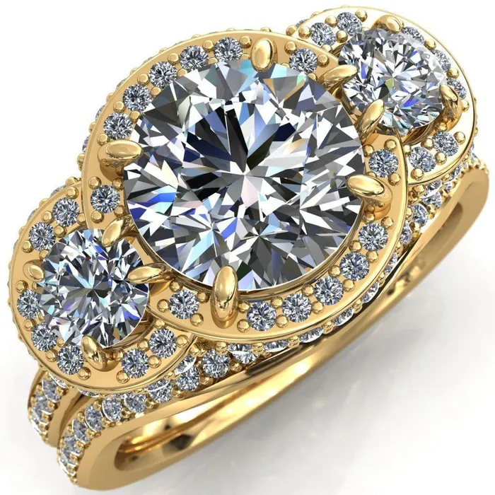 Melissa Round Center Stone 3 Stone Triple Halo Diamond Accent Ring Fire Brilliance Rings