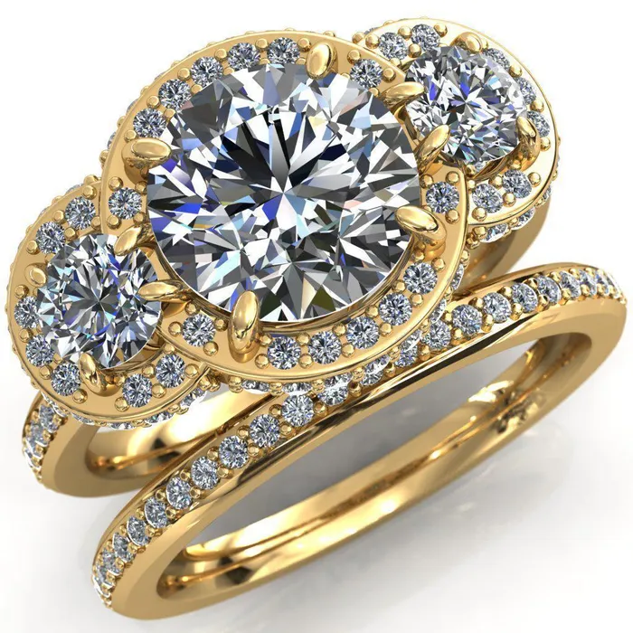 Melissa Round Center Stone 3 Stone Triple Halo Diamond Accent Ring Fire Brilliance Rings