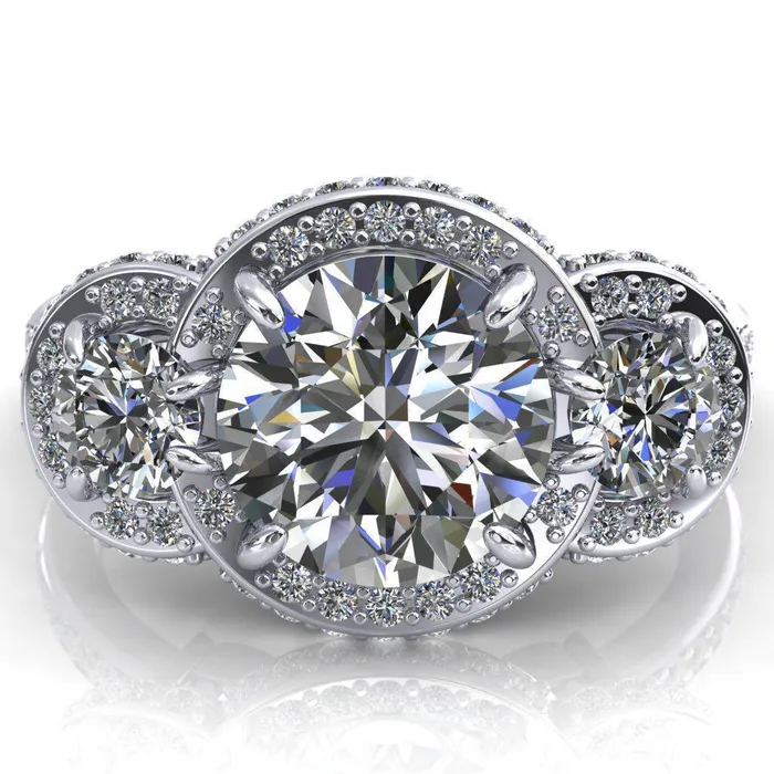 Melissa Round Center Stone 3 Stone Triple Halo Diamond Accent Ring Fire Brilliance Rings
