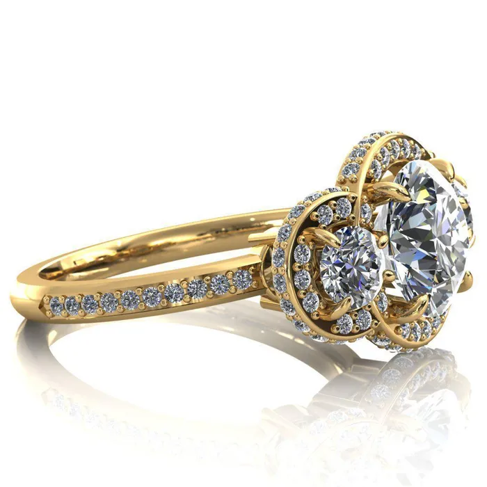 Melissa Round Center Stone 3 Stone Triple Halo Diamond Accent Ring Fire Brilliance Rings