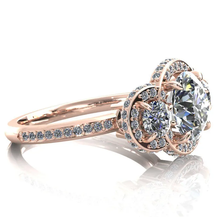 Melissa Round Center Stone 3 Stone Triple Halo Diamond Accent Ring Fire Brilliance Rings
