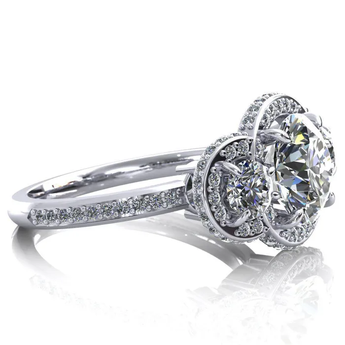 Melissa Round Center Stone 3 Stone Triple Halo Diamond Accent Ring Fire Brilliance Rings