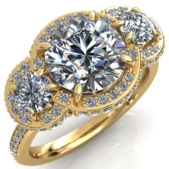 Melissa Round Center Stone 3 Stone Triple Halo Diamond Accent Ring Fire Brilliance Rings