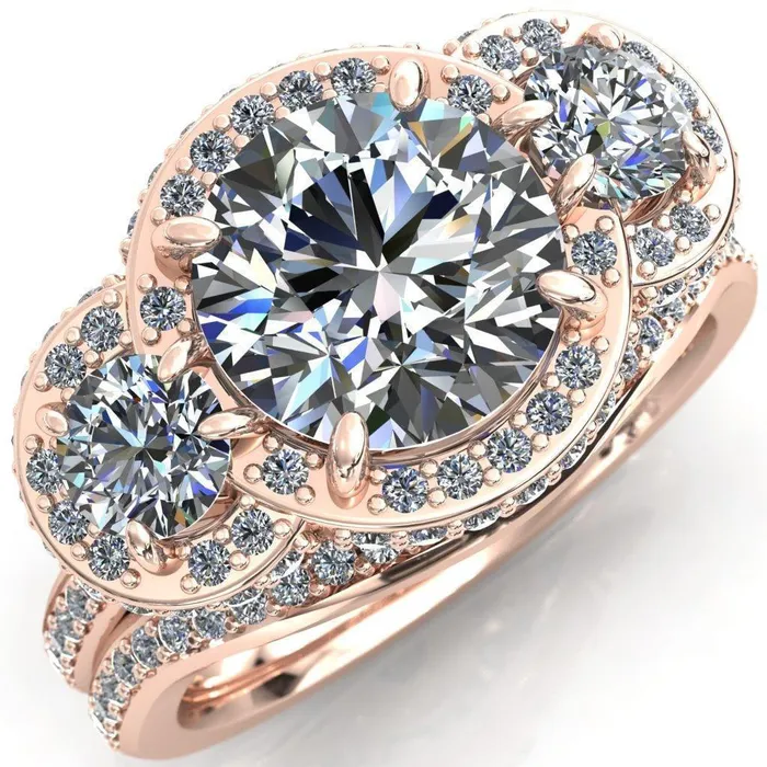 Melissa Round Center Stone 3 Stone Triple Halo Diamond Accent Ring Fire Brilliance Rings
