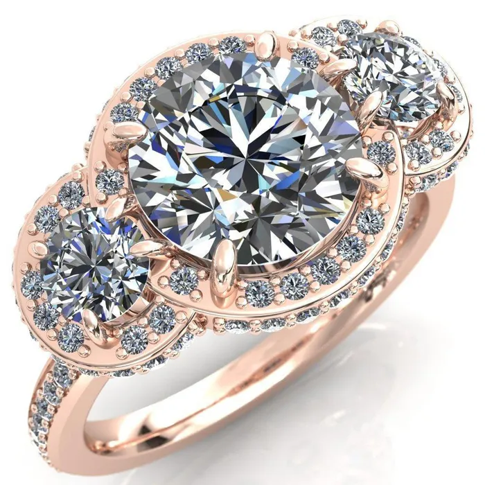 Melissa Round Center Stone 3 Stone Triple Halo Diamond Accent Ring Fire Brilliance Rings