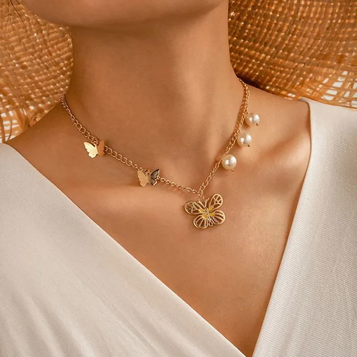 N124 Gold Yellow Enamel Butterfly with Pearls Necklace with FREE Earrings 01 Necklaces