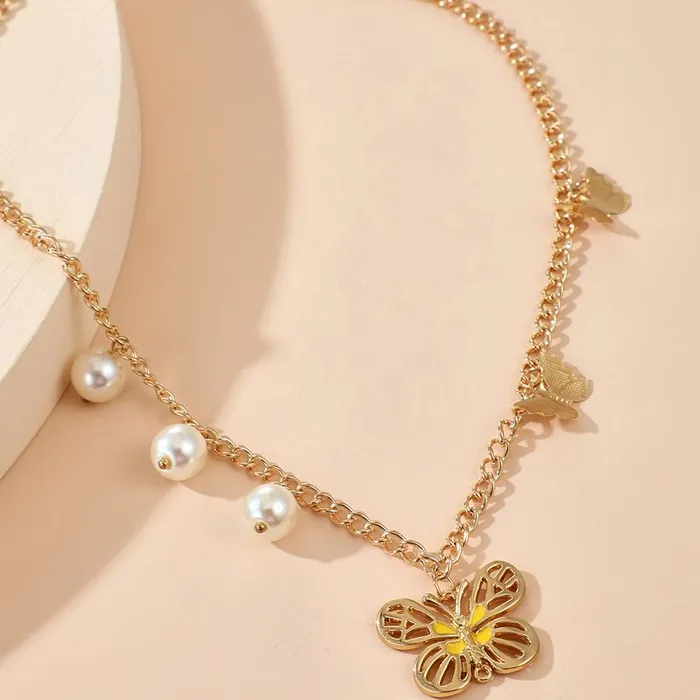 N124 Gold Yellow Enamel Butterfly with Pearls Necklace with FREE Earrings 01 Necklaces