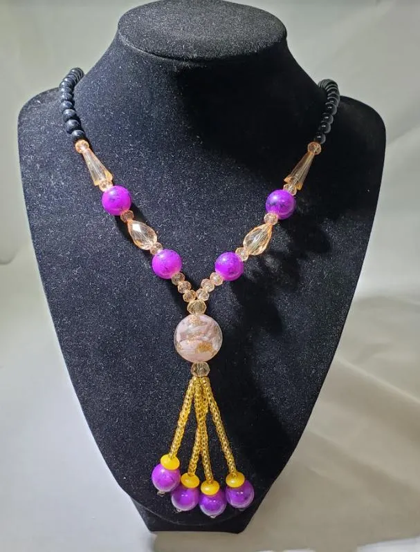 N1937 Black Bead Purple Marble Glass Long Necklace With Free Earrings polly Necklaces