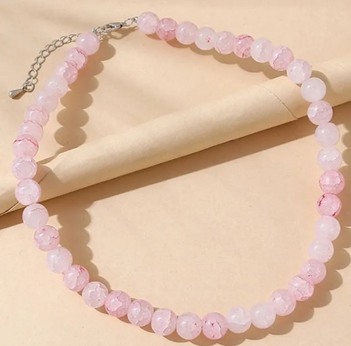 N2216 Silver Pink Crackle Glass Bead Necklace with FREE EARRINGS 02 Necklaces