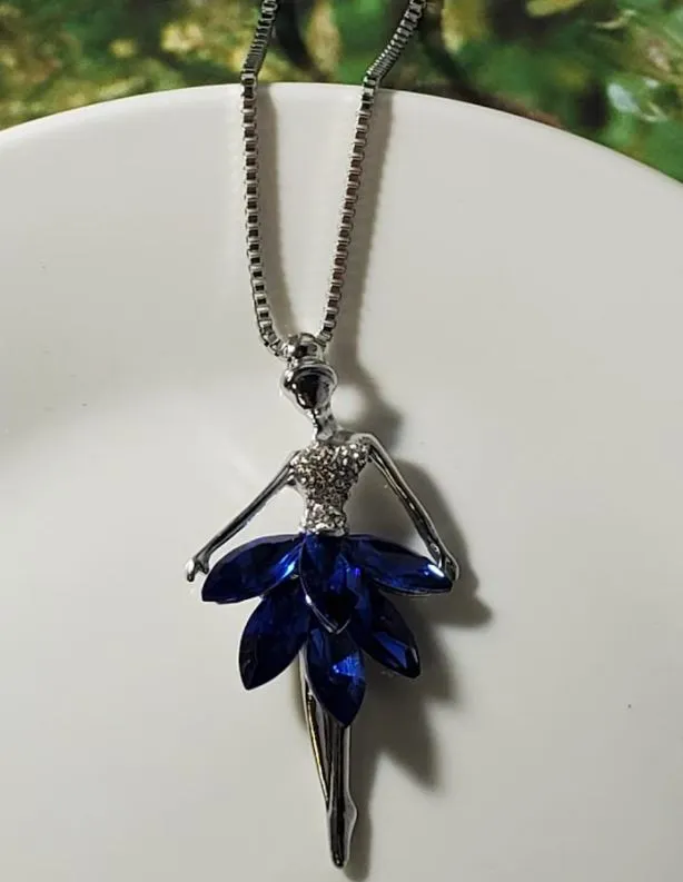 N404 Silver Royal Blue Gemstone Ballerina Necklace with FREE Earrings polly Necklaces