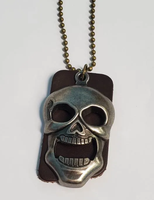 N433 Large Brown Leather Skull Necklace POLLY Necklaces