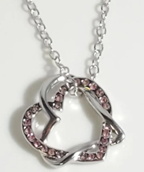 N504 Silver Intertwined Hearts Pink Rhinestone Necklace with FREE EARRINGS alice Necklaces N504 Silver Intertwined Hearts Pink Rhinestone Necklace with FREE EARRINGS alice Necklaces