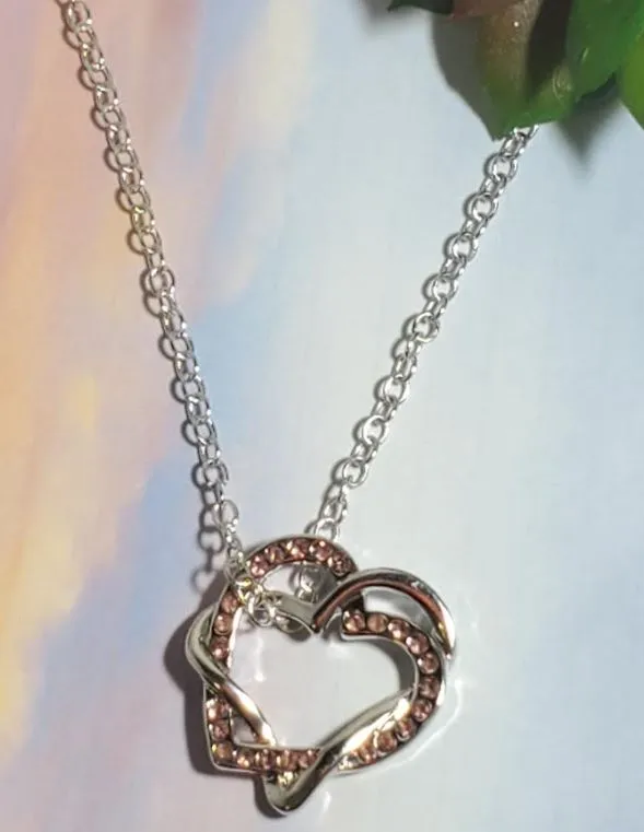 N504 Silver Intertwined Hearts Pink Rhinestone Necklace with FREE EARRINGS alice Necklaces