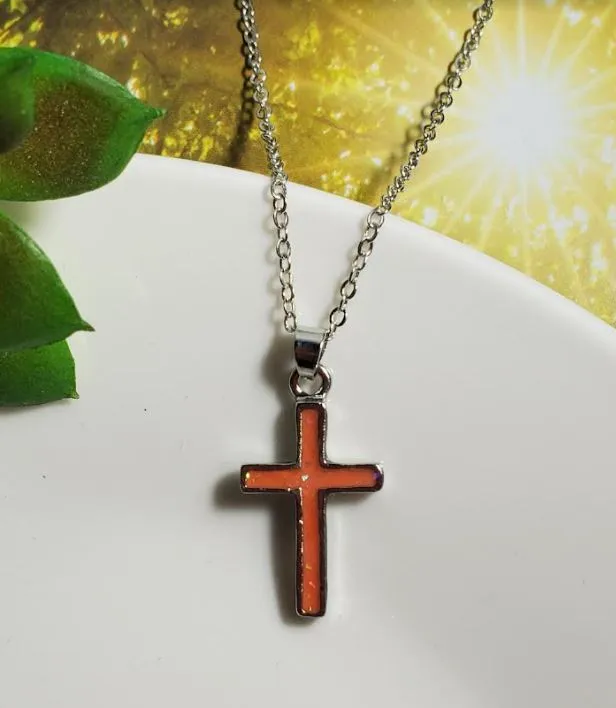 N520 Silver Dainty Orange Glitter Cross Necklace with FREE EARRINGS polly Necklaces N520 Silver Dainty Orange Glitter Cross Necklace with FREE EARRINGS polly Necklaces
