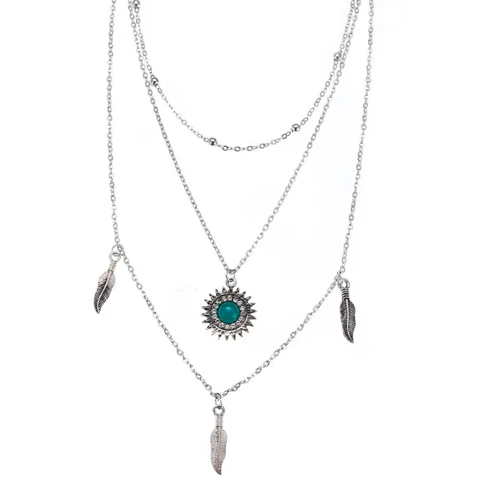 N613 Silver Feather Teal Layered Necklace with FREE EARRINGS 01 Necklaces