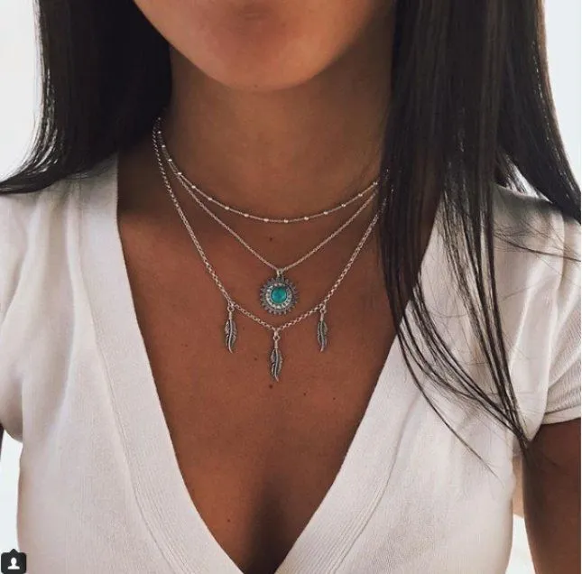 N613 Silver Feather Teal Layered Necklace with FREE EARRINGS 01 Necklaces