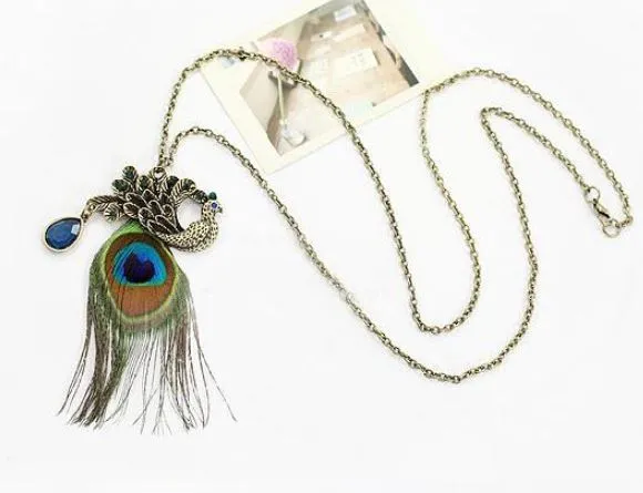 N783 Bronze Peacock Feather Necklace with FREE Earrings Alice Necklaces