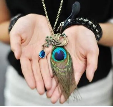 N783 Bronze Peacock Feather Necklace with FREE Earrings Alice Necklaces
