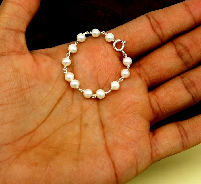 Natural pearl 5mm beaded 925 sterling silver handmade customized baby bracelet top class gifting kids jewelry new born baby jewelry bbr3 TRIBAL ORNAMENTS Bracelets