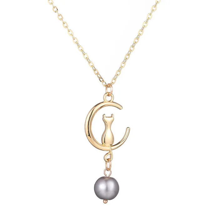 Necklaces 01 N2017 Gold Cat on Moon Gray Pearl Necklace With Free Earrings