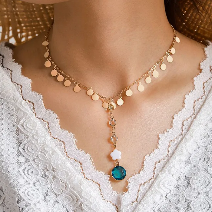 Necklaces 01 N694 Gold Blue Gemstone and Flower Disk Tassel Necklace with FREE Earrings Necklaces 01 N694 Gold Blue Gemstone and Flower Disk Tassel Necklace with FREE Earrings