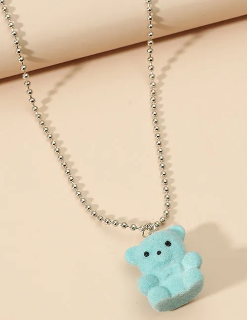 Necklaces 02 L76 Light Blue Fuzzy Gummy Bear on Beaded Chain Necklace FREE Earrings