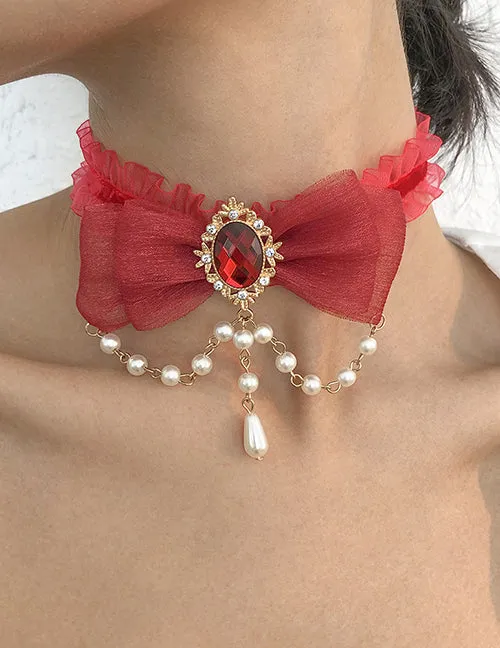Necklaces 02 N1269 Gold Red Gemstone Bow Pearls Choker Necklace with FREE EARRINGS Necklaces 02 N1269 Gold Red Gemstone Bow Pearls Choker Necklace with FREE EARRINGS