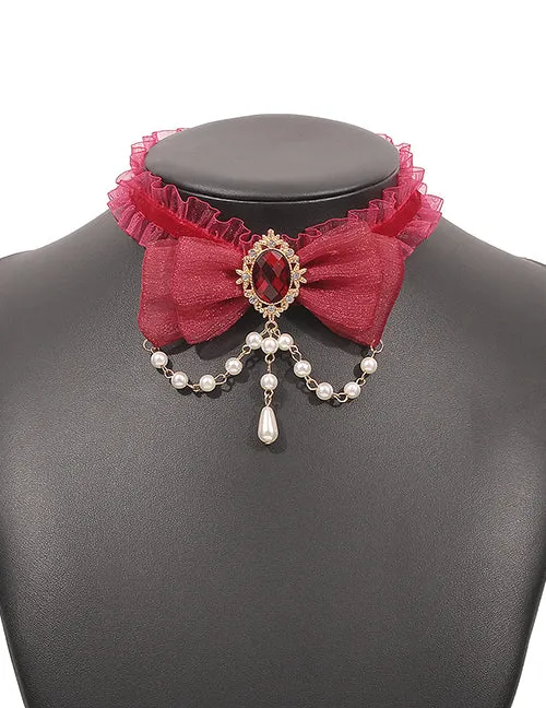 Necklaces 02 N1269 Gold Red Gemstone Bow Pearls Choker Necklace with FREE EARRINGS