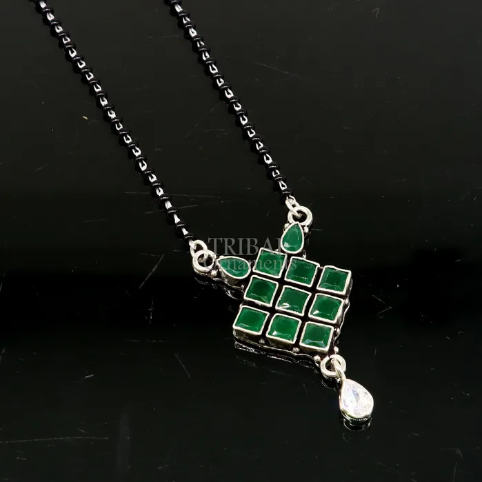 Necklaces 925 sterling silver green stone pendant mangasutra gorgeous trendy design pendant traditional style brides mangalsutra necklace ms06 TRIBAL ORNAMENTS Necklaces 925 sterling silver green stone pendant mangasutra gorgeous trendy design pendant traditional style brides mangalsutra necklace ms06 TRIBAL ORNAMENTS