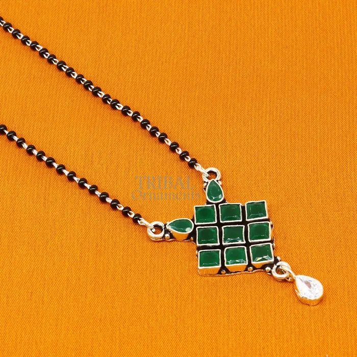 Necklaces 925 sterling silver green stone pendant mangasutra gorgeous trendy design pendant traditional style brides mangalsutra necklace ms06 TRIBAL ORNAMENTS Necklaces 925 sterling silver green stone pendant mangasutra gorgeous trendy design pendant traditional style brides mangalsutra necklace ms06 TRIBAL ORNAMENTS