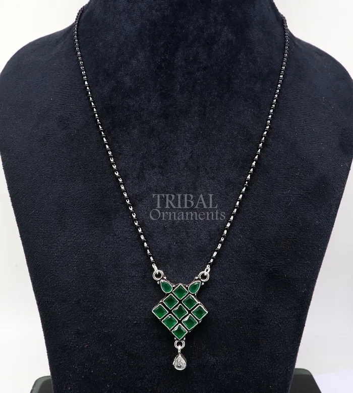 Necklaces 925 sterling silver green stone pendant mangasutra gorgeous trendy design pendant traditional style brides mangalsutra necklace ms06 TRIBAL ORNAMENTS Necklaces 925 sterling silver green stone pendant mangasutra gorgeous trendy design pendant traditional style brides mangalsutra necklace ms06 TRIBAL ORNAMENTS