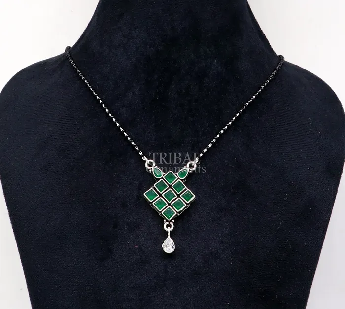 Necklaces 925 sterling silver green stone pendant mangasutra gorgeous trendy design pendant traditional style brides mangalsutra necklace ms06 TRIBAL ORNAMENTS Necklaces 925 sterling silver green stone pendant mangasutra gorgeous trendy design pendant traditional style brides mangalsutra necklace ms06 TRIBAL ORNAMENTS