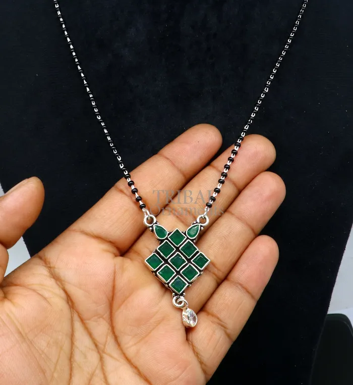 Necklaces 925 sterling silver green stone pendant mangasutra gorgeous trendy design pendant traditional style brides mangalsutra necklace ms06 TRIBAL ORNAMENTS Necklaces 925 sterling silver green stone pendant mangasutra gorgeous trendy design pendant traditional style brides mangalsutra necklace ms06 TRIBAL ORNAMENTS