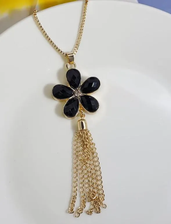 Necklaces AZ843 Gold Black Flower Tassel Necklace with FREE Earrings polly