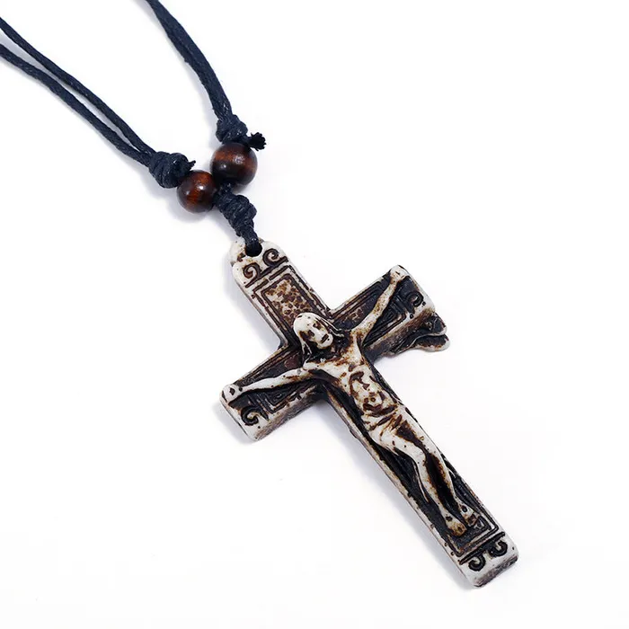 Necklaces Polly N1086 Brown Jesus Cross Leather Cord Necklace