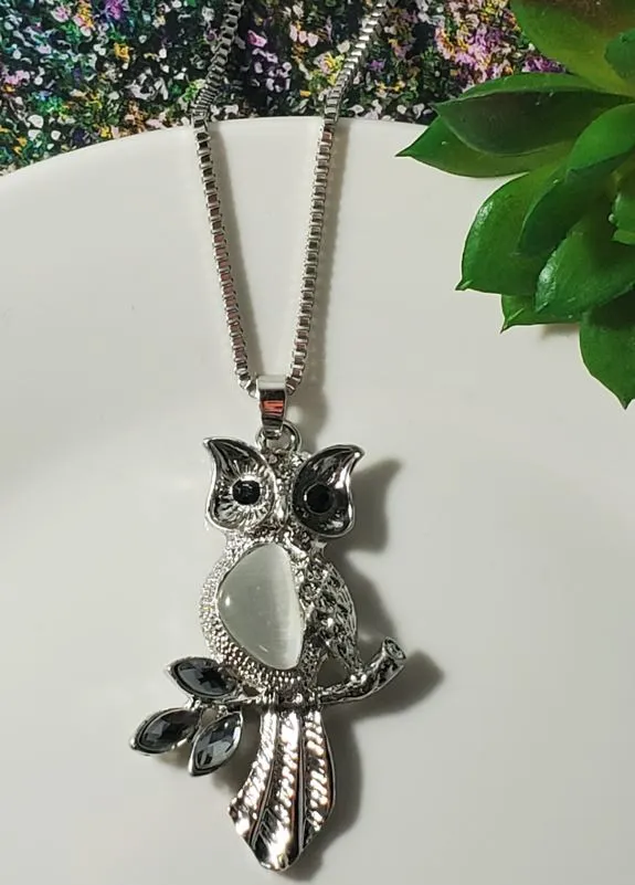 Necklaces polly N48 Silver Moonstone Gray Rhinestone Owl Necklace with FREE Earrings